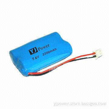 18650 Battery pack with 2,200mAh/7.4V, 18.4 x 36.5 x 65.5mm size and 103g weight